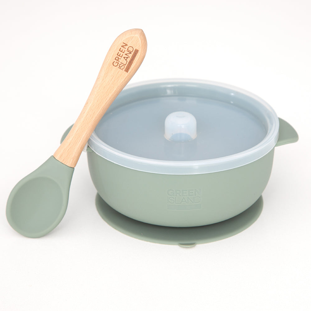 Avanchy Bamboo Baby Suction Bowl/Spoon Green